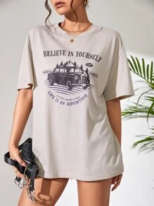 SHEIN Unity Car & Letter Graphic Drop Shoulder Tee - Apricot - View 3
