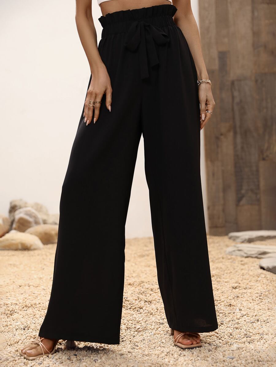 SHEIN LUNE Paperbag Waist Belted Wide Leg Trousers - Black - View 1