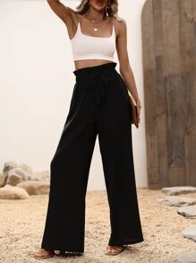 SHEIN LUNE Paperbag Waist Belted Wide Leg Trousers - Black - View 4