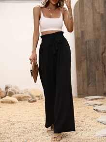 SHEIN LUNE Paperbag Waist Belted Wide Leg Trousers - Black - View 6