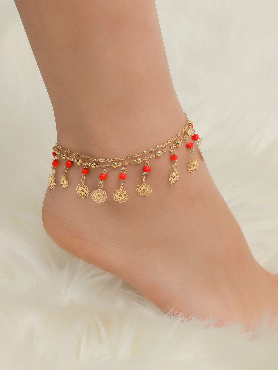 Bead & Flower Charm Anklet - Multicolor - View 1