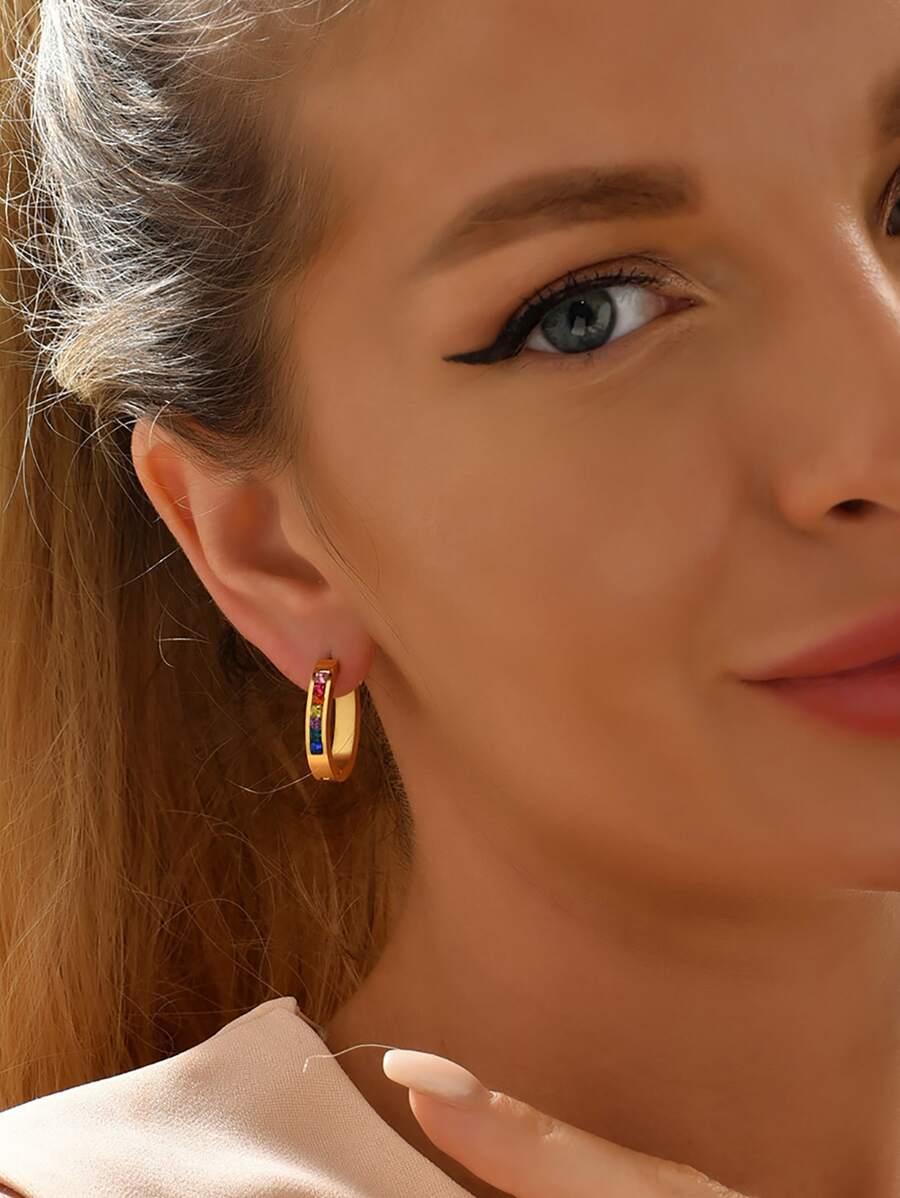 Rhinestone Minimalist Hoop Earrings - Multicolor - View 1