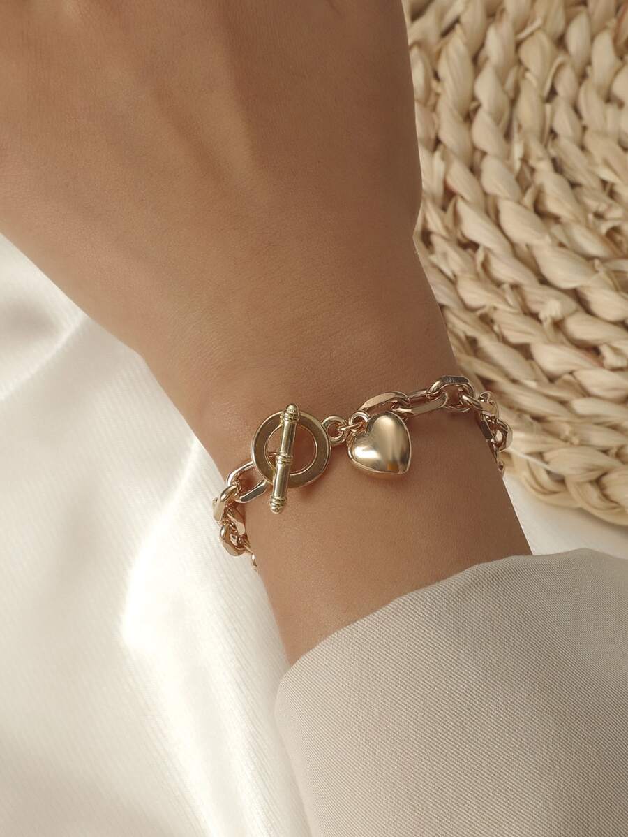 1 chiếc vòng tay cặp đôi thời trang dày có móc cài hình trái tim - Vàng - Xem 1