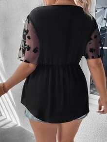 SHEIN LUNE Plus Contrast Mesh Butterfly Sleeve Knot Front Peplum Blouse - Black - View 2