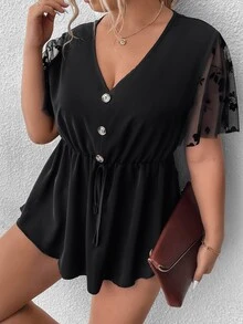 SHEIN LUNE Plus Contrast Mesh Butterfly Sleeve Knot Front Peplum Blouse - Black - View 4