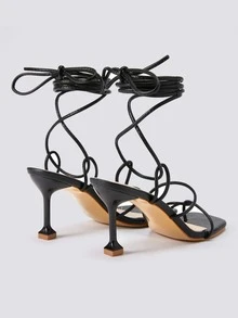 Tie Leg Design Sculptural Heeled Thong Sandals - Black - View 4