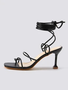 Tie Leg Design Sculptural Heeled Thong Sandals - Black - View 5
