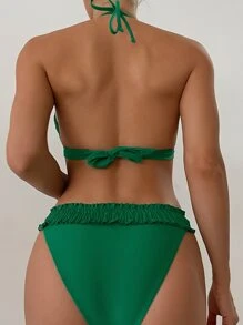 Smocked Halter Triangle Summer Beach Bikini Set - Dark Green - View 2