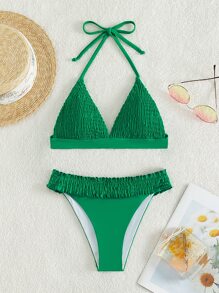 Smocked Halter Triangle Summer Beach Bikini Set - Dark Green - View 3