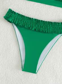 Smocked Halter Triangle Summer Beach Bikini Set - Dark Green - View 4