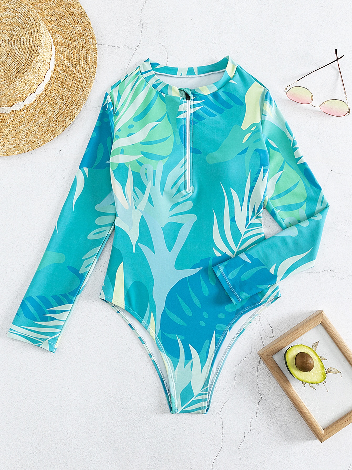 Tropical Print Zipper Front High Neck One Piece Swimsuit SHEIN USA