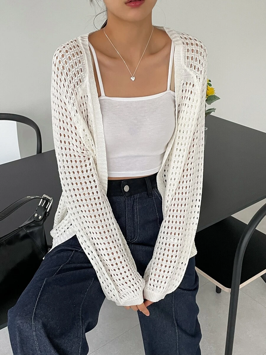 DAZY Pointelle Knit Raglan Sleeve Duster Cardigan - White - View 1