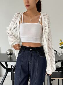 DAZY Pointelle Knit Raglan Sleeve Duster Cardigan - White - View 3