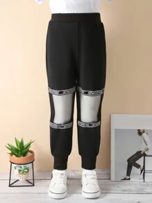 Toddler Girls Letter Tape Contrast Mesh Panel Joggers - Black - View 1