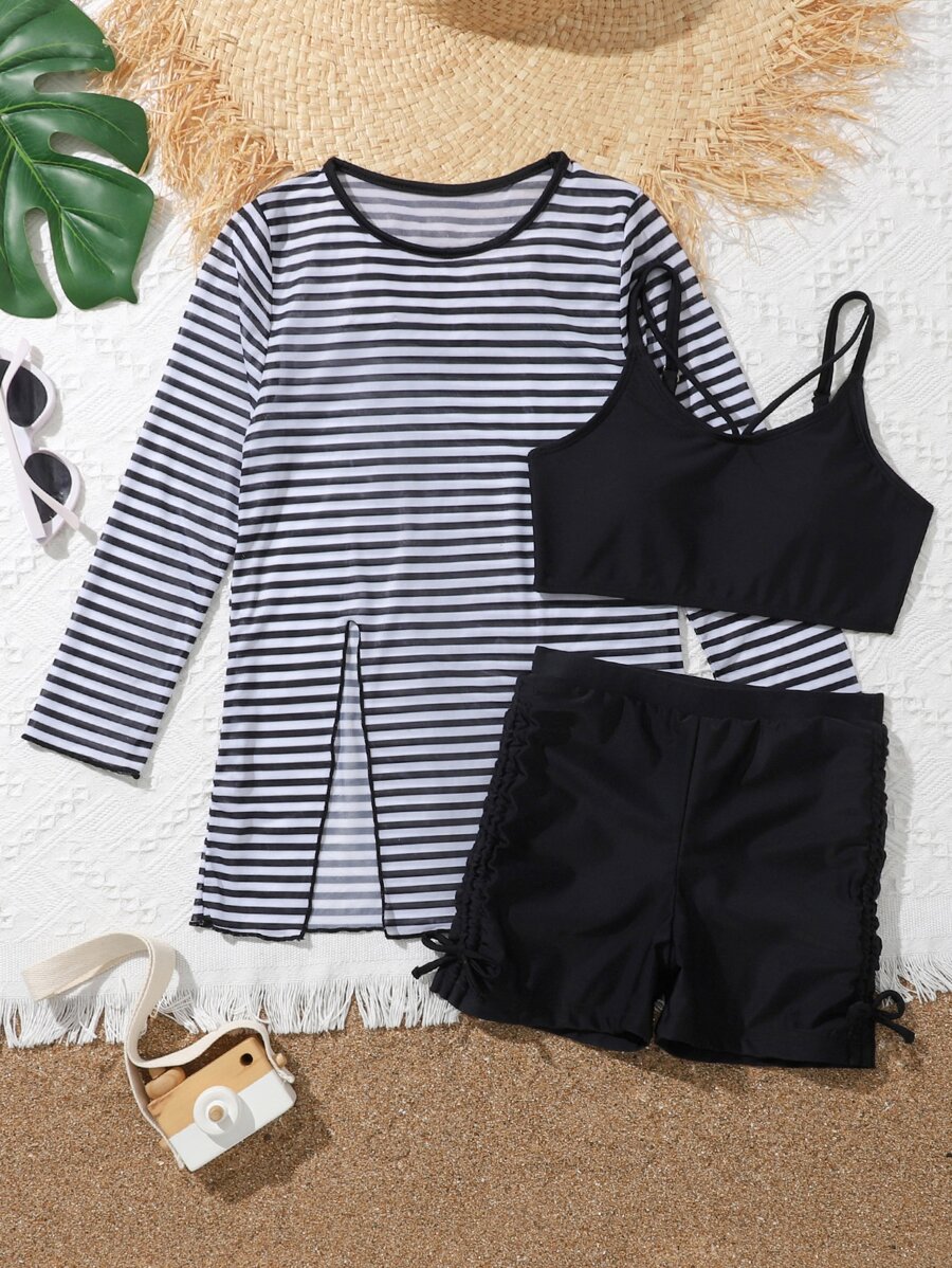 Tween Girl Striped Bikini Set With Cover Up Summer Beach - Black and White - View 1