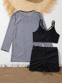 Tween Girl Striped Bikini Set With Cover Up Summer Beach - Black and White - View 2