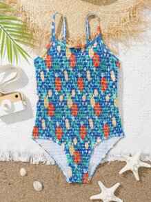 Girls Floral Print Smocked One Piece Swimsuit - Multicolor - View 1