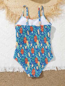 Girls Floral Print Smocked One Piece Swimsuit - Multicolor - View 2