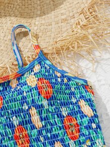 Girls Floral Print Smocked One Piece Swimsuit - Multicolor - View 3