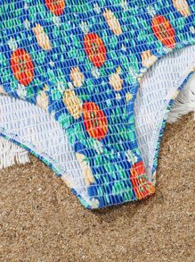 Girls Floral Print Smocked One Piece Swimsuit - Multicolor - View 4