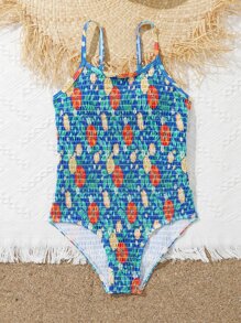 Girls Floral Print Smocked One Piece Swimsuit - Multicolor - View 5