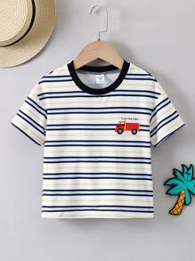 SHEIN 1pc Baby Boy Cute & Fun Slogan Printed Round Neck Short Sleeve T-Shirt, Spring/Summer - White - View 1