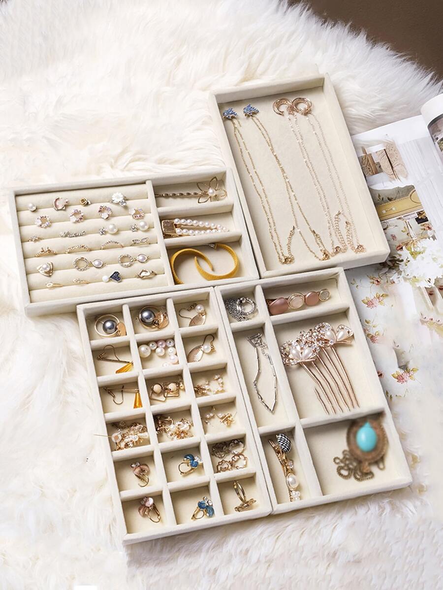 4pcs Multi-Grid Jewelry Tray, Gift For Valentine's Day - Beige - View 1