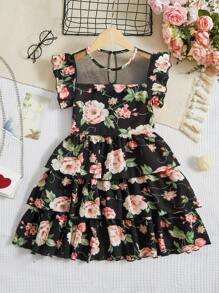 SHEIN Đầm Gái Tương phản Mesh Xù Nút phân lớp Hoa Tất cả trên in Dễ thương - Nhiều màu - Xem 1