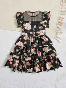 SHEIN Đầm Gái Tương phản Mesh Xù Nút phân lớp Hoa Tất cả trên in Dễ thương - Nhiều màu - Xem 2