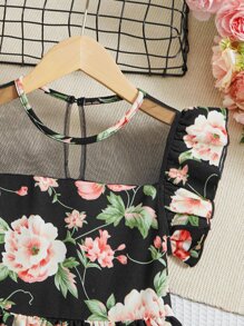 SHEIN Đầm Gái Tương phản Mesh Xù Nút phân lớp Hoa Tất cả trên in Dễ thương - Nhiều màu - Xem 3