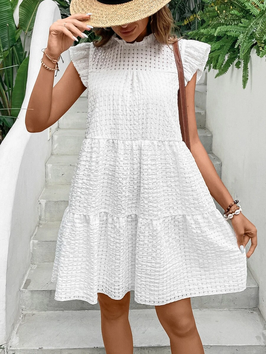 SHEIN VCAY 荷葉邊後鎖孔娃娃裙 - 白色 - 查看 1