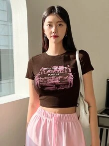 DAZY Áo thun nữ Lá thư Con số Giải trí - Cà phê nâu - Xem 4