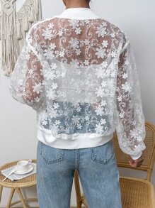 SHEIN Essnce Floral Pattern Drop Shoulder Zip Up Lace Bomber Jacket - White - View 3