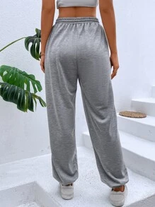 SHEIN LUNE Letter Graphic Drawstring Waist Sweatpants - Grey - View 4