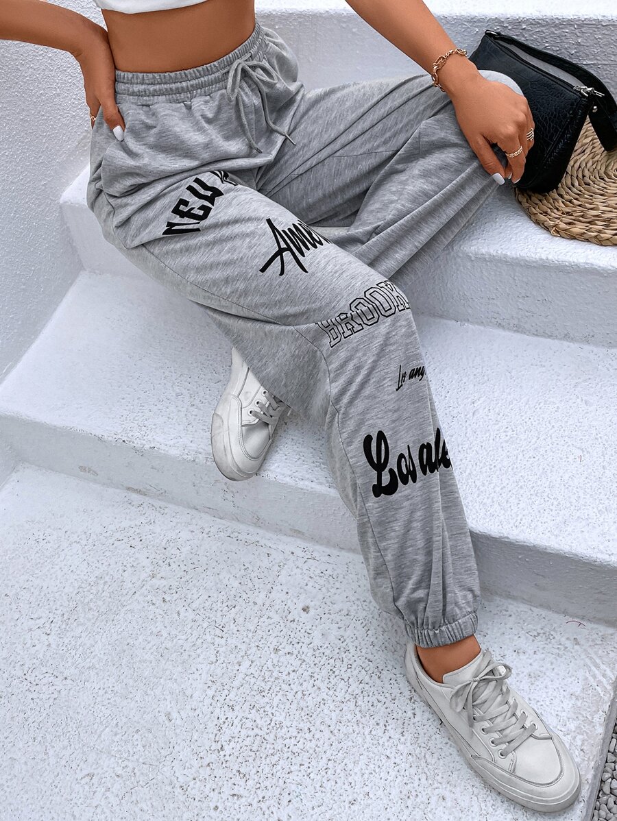 SHEIN LUNE Letter Graphic Drawstring Waist Sweatpants - Grey - View 1