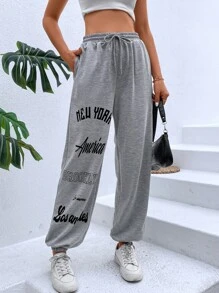SHEIN LUNE Letter Graphic Drawstring Waist Sweatpants - Grey - View 2