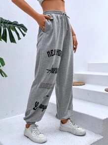SHEIN LUNE Letter Graphic Drawstring Waist Sweatpants - Grey - View 5