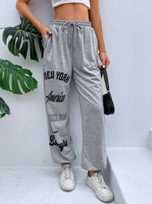 SHEIN LUNE Letter Graphic Drawstring Waist Sweatpants - Grey - View 6