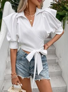 Breezaya 泡泡袖圍裹側打結短款襯衫 - 白色 - 查看 4