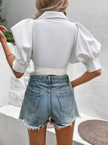 Breezaya 泡泡袖圍裹側打結短款襯衫 - 白色 - 查看 5