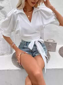 Breezaya 泡泡袖圍裹側打結短款襯衫 - 白色 - 查看 1