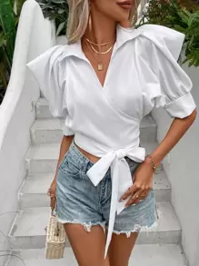 Breezaya 泡泡袖圍裹側打結短款襯衫 - 白色 - 查看 2