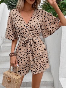 Breezaya Allover Print Butterfly Sleeve Belted Romper - Khaki - View 1