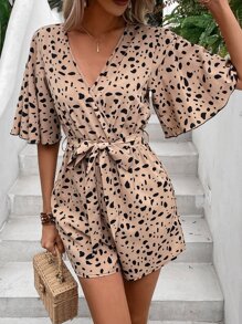 Breezaya Allover Print Butterfly Sleeve Belted Romper - Khaki - View 3