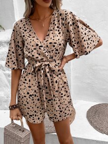 Breezaya Allover Print Butterfly Sleeve Belted Romper - Khaki - View 4