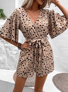 Breezaya Allover Print Butterfly Sleeve Belted Romper - Khaki - View 5