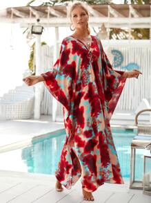 Tie Dye Print Batwing Sleeve Cover Up Dress House Dress - Red - View 4