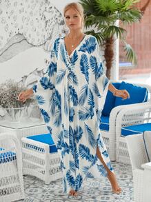 Blue Feather Print House Kaftan Batwing Sleeve Cover Up Dress Summer