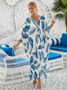 Blue Feather Print House Kaftan Batwing Sleeve Cover Up Dress Summer