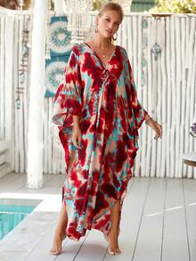 Tie Dye Print Batwing Sleeve Cover Up Dress House Dress - Red - View 8